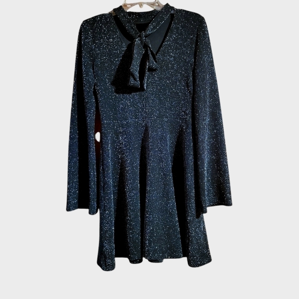 J.O.A. Los Angeles Black & Silver Sparkle Long Sleeve Dress with Bow at neck SzM